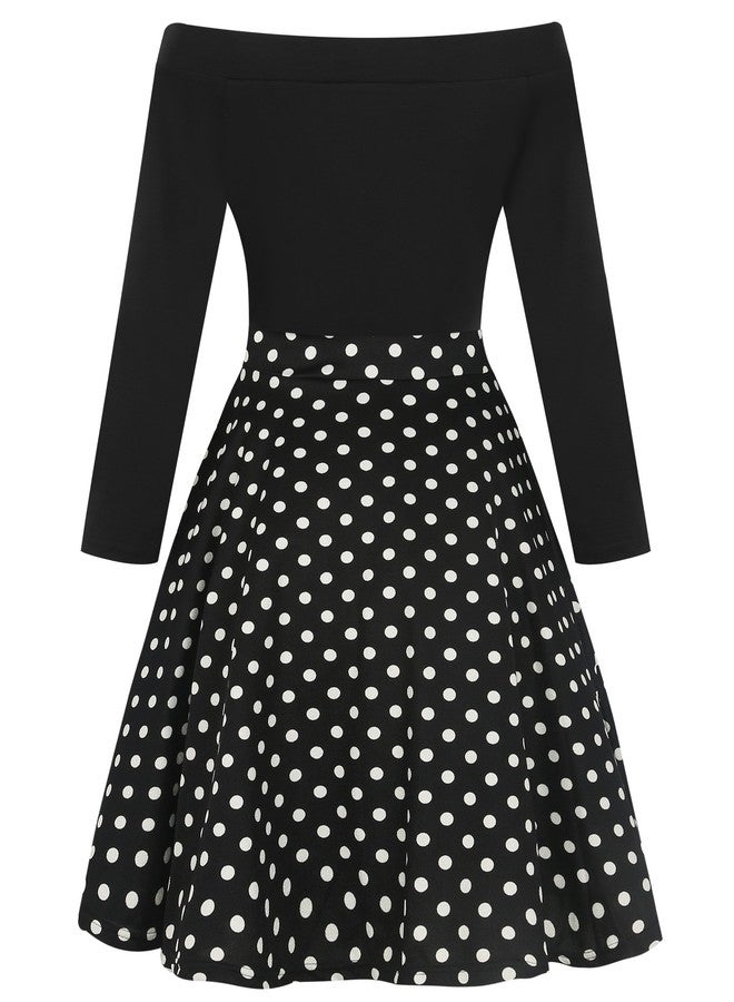 oxiuly Women's Vintage Polka Dot Slash Neck Long Sleeve Casual Pockets Swing Dress OX232 (XL, Black dot 9) - Image 5